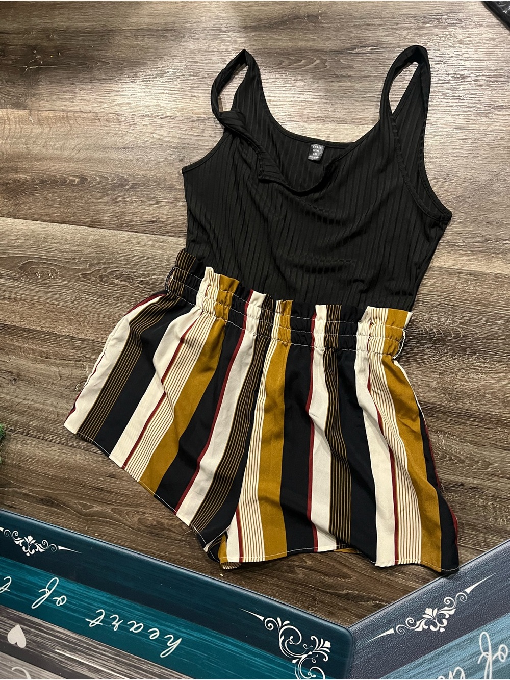SHEIN High-Waist Striped Shorts in Black, Mustard & Cream